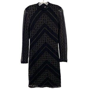 Witchy Black Lace Metallic Gold Vamp Bodycon Cocktail Dress Long Sleeve